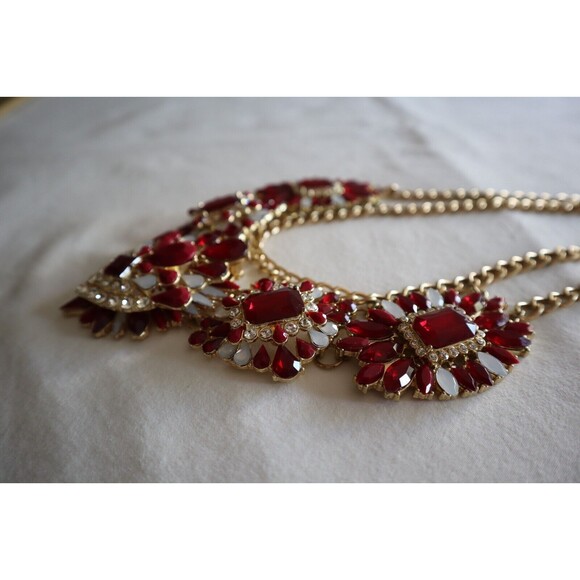 Chunky Necklace Gold Toned Chain Red White Stones Rhinestone Statement 18" - Picture 11 of 11